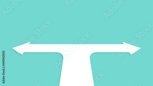 A white road splitting into two arrows pointing left and right on a turquoise background. Path bifurcation concept. 