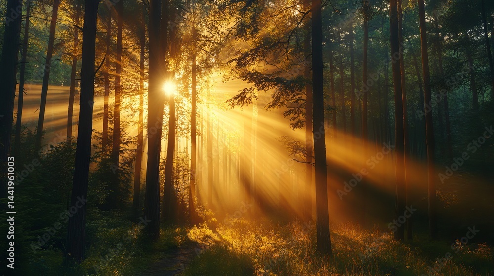 Obraz premium Golden sunlight beams through misty forest trees landscape path rays view green photo image woods