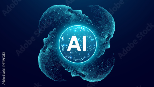 Futuristic AI processor in the center, with abstract human faces and digital elements. Concept of AI, human head, and machine learning in a high-tech, cyber-inspired design. Technology background