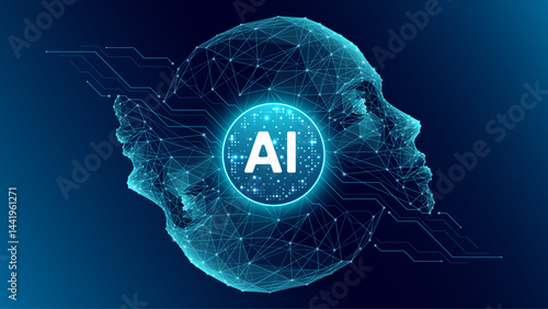 Artificial intelligence circle processor and two human abstract faces. AI innovation concept. Light blue machine learning chip in the center on dark blue technology background.Humanoid robot head tech