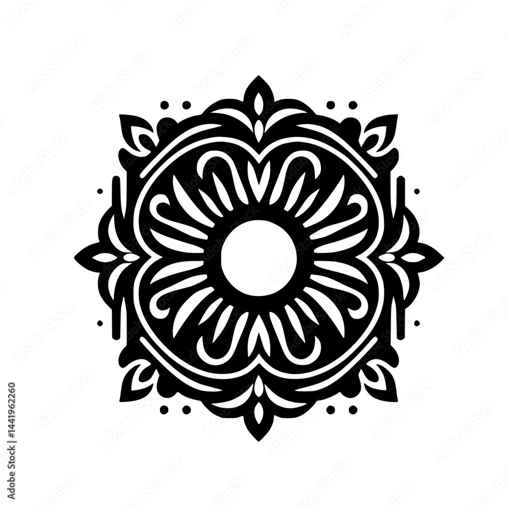 Ornate Black & White Mandala Design, Floral Pattern on White Background Ornate Black & White Mandala Design, Floral Pattern on White Background