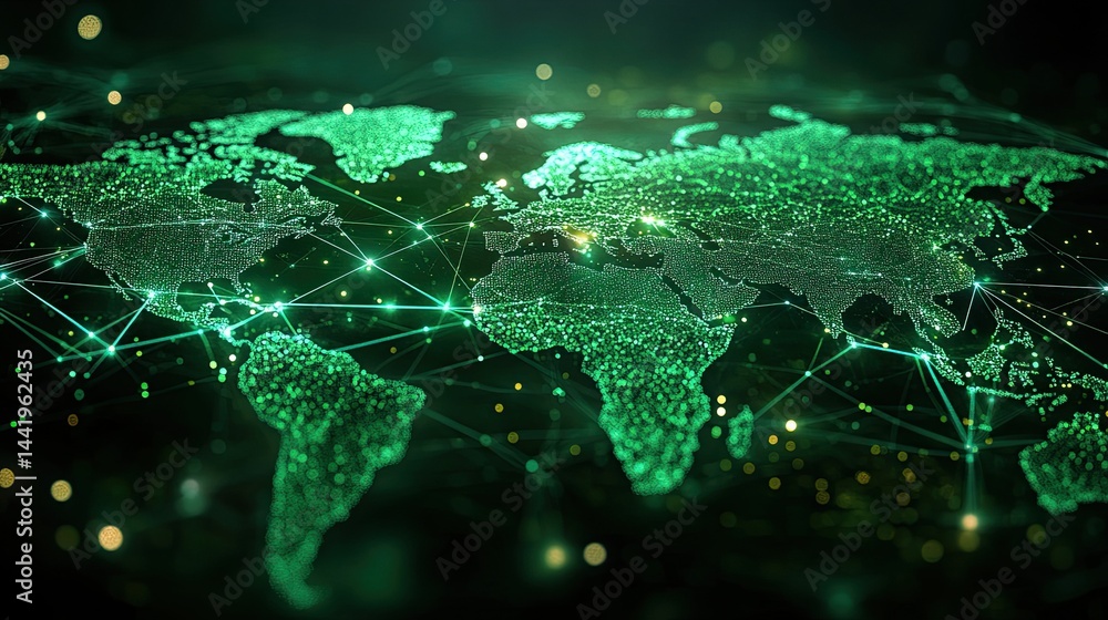 A glowing green world map features interconnected nodes spread across continents. --ar 16:9 --style raw --stylize 250 --v 6.1 Job ID: 4fd40fa2-b238-4a16-bd33-3d06c0c21170 A glowing green world map features interconnected nodes spread across continents. --ar 16:9 --style raw --stylize 250 --v 6.1 Job ID: 4fd40fa2-b238-4a16-bd33-3d06c0c21170