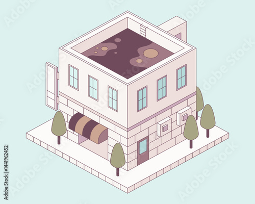 Isometric building illustration presents a unique perspective of a charming urban architecture, featuring a stylized view that adds a creative dimension.