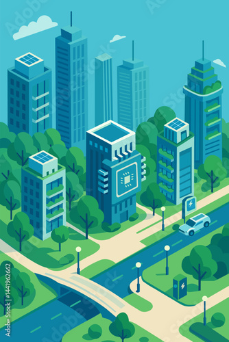 A modern city illustration showcasing a sustainable urban landscape with eco-friendly building, green space and future-ready features.
