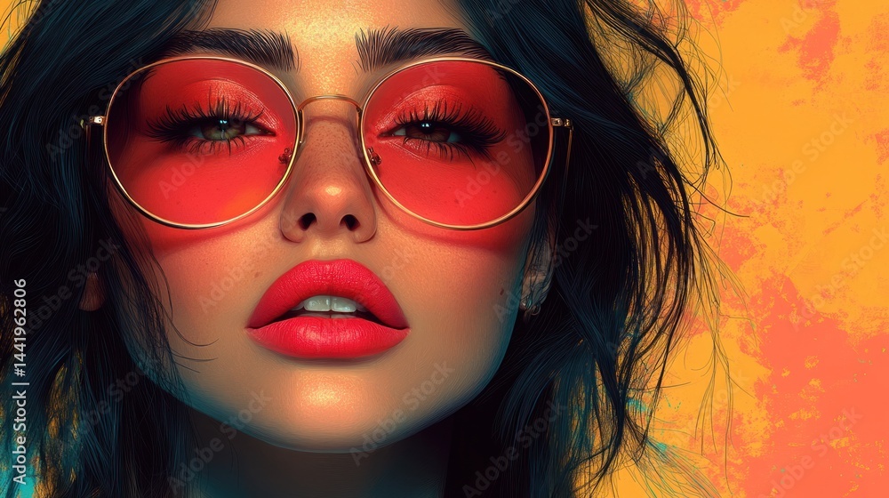 Summer Vibes: A captivating portrait of a young woman, radiant in red sunglasses against a warm, artistic background. Summer Vibes: A captivating portrait of a young woman, radiant in red sunglasses against a warm, artistic background.