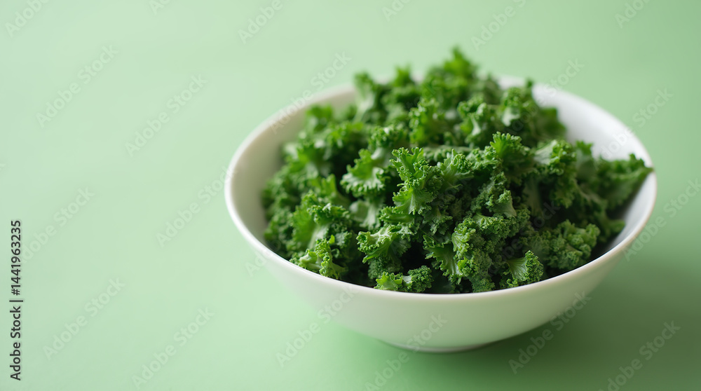 A simple, clean bowl filled with freshly chopped kale leaves. The background is a soft, muted green to complement the vibrant greens of the kale. A simple, clean bowl filled with freshly chopped kale leaves. The background is a soft, muted green to complement the vibrant greens of the kale.