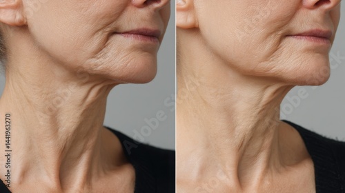 Comparison of skin before and after brightening serum treatment, left side dull and dry, right side radiant, smooth and glowing