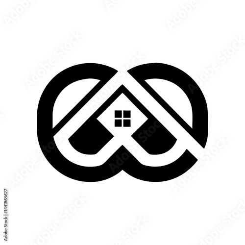 Modern Construction Logo Design Transparent Background Infinity Loop in House Shape Black and Gold Color Palette Editable Layers for Real Estate and Branding
