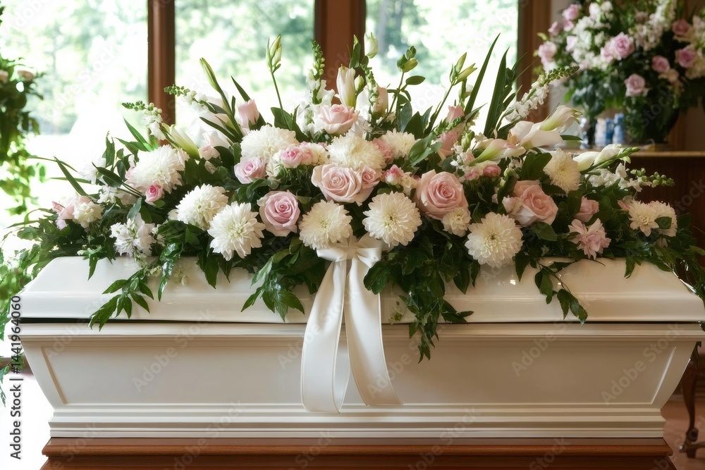 Beautiful white coffin with floral arrangement inside a church setting