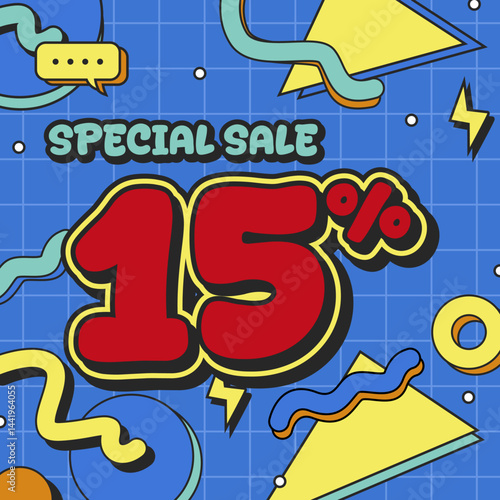 Colorful Comic Style Special Sale Poster with Bold 15% Discount on Blue Background