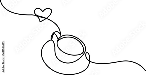 One continuous drawing of cup coffee with heart symbol. a cup  of tea with love for web banner in simple linear style. Editable stroke. Doodle