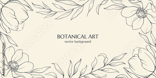 Abstract art botanical beige background vector. Luxury wallpaper with line, leaf, flowers, tree. Minimal design banner for text. Vector illustration. Trendy wildflowers and minimalist flowers.