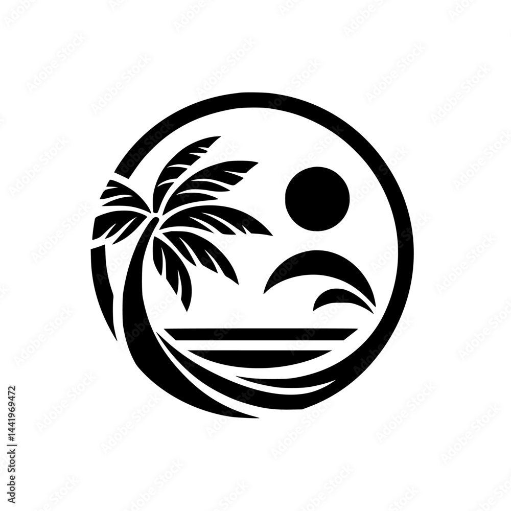 Black & White Tropical Icon: Palm Tree, Sun, Ocean, Circle Black & White Tropical Icon: Palm Tree, Sun, Ocean, Circle