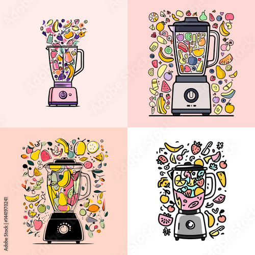 Colorful hand-drawn blender illustrations with fruits and smoothie ingredients. Perfect for healthy food, smoothie recipes, kitchen tools, and juice content.

