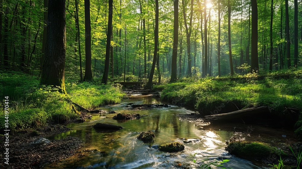 Serene green forest stream sunlight peaceful nature scene tranquil lush greenery summer daytime calm Serene green forest stream sunlight peaceful nature scene tranquil lush greenery summer daytime calm