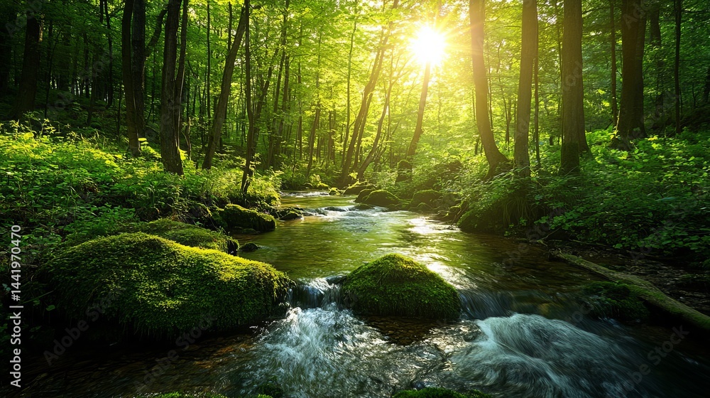 Obraz premium Serene forest stream landscape with lush green foliage and sunlight calm moss view path wild river
