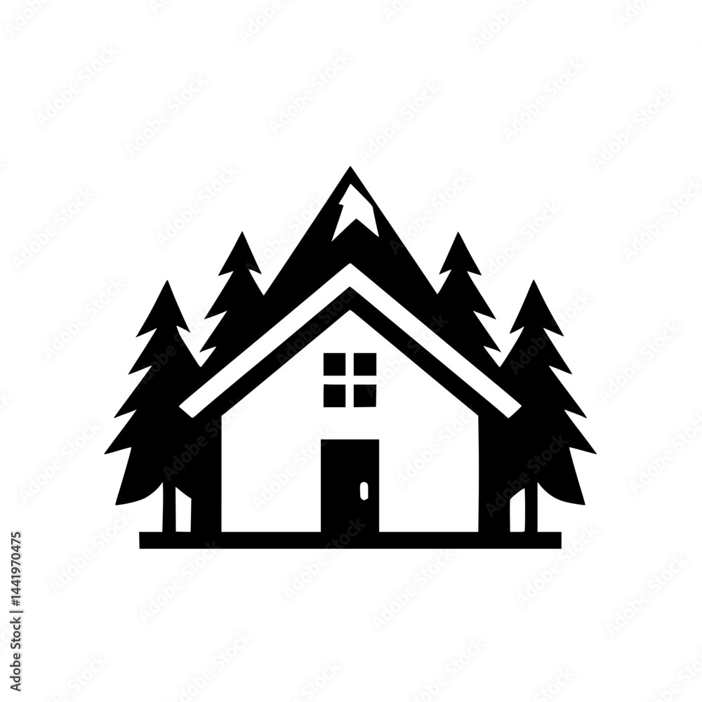 Minimalist Cabin Logo in Forest with Mountain, Black and White Minimalist Cabin Logo in Forest with Mountain, Black and White