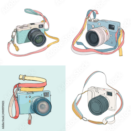 Stylized hand-drawn vintage cameras with pastel straps and elegant lines. Ideal for photography blogs, retro tech content, or artistic visuals related to capturing memories.

