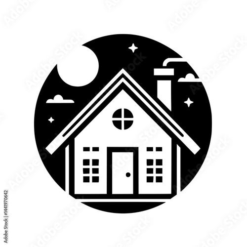 Cozy Cottage Silhouette at Night: Vector Icon