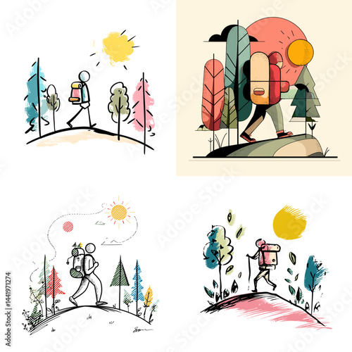 Hand-drawn hiking illustrations with colorful backgrounds, showing people exploring nature with backpacks. Ideal for adventure blogs, outdoor gear promos, or travel content.


