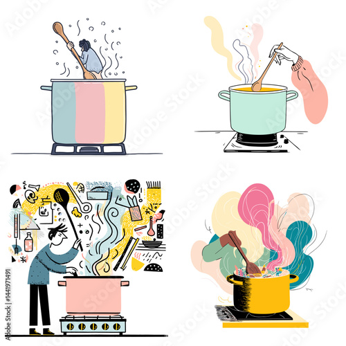 Hand-drawn illustrations of people cooking with pots, steam, and utensils. Ideal for culinary designs, cooking blogs, food magazines, and kitchen-themed creative content.

