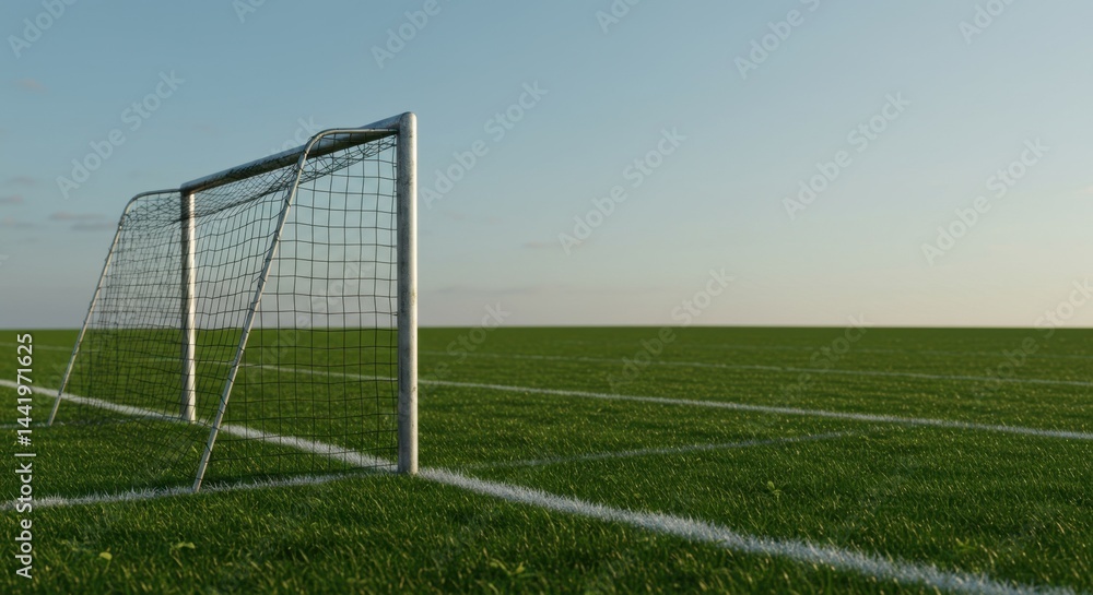Fototapeta premium Solitary Soccer Goal on a Lush Green Field Under a Clear Sky: A Peaceful Sporting Scene