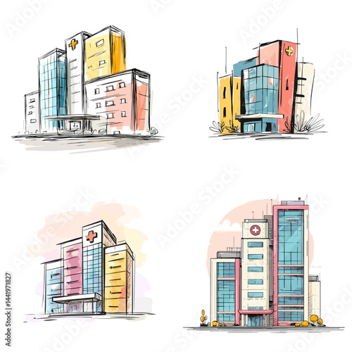 Hand-drawn modern hospital buildings with pastel colors and medical signage, ideal for healthcare, architecture, and urban design content.

