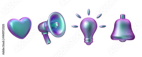Vector 3d holographic emoji set. Heart, megaphone, light bulb and bell icon set with metallic iridescent effect. Social media design elements