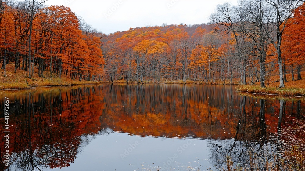 Obraz premium Autumnal forest reflects on tranquil pond. Vibrant fall foliage mirrors in still water, creating a serene autumnal scene