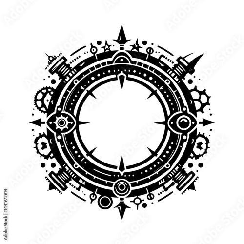 Steampunk Compass Emblem, Black & White Vector Illustration