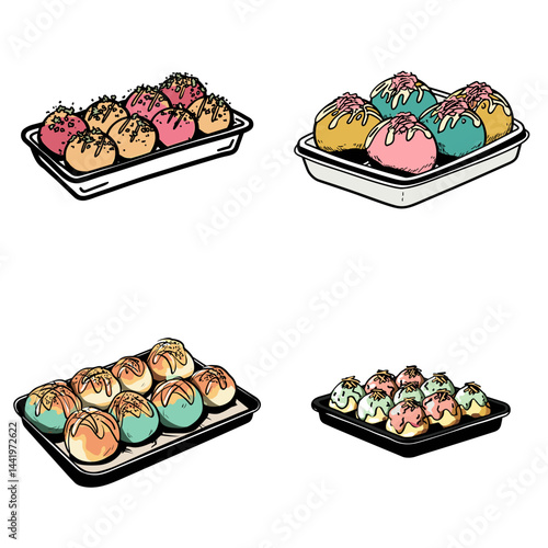 Set of hand-drawn takoyaki (Japanese octopus balls) served in trays with colorful sauce toppings, perfect for Asian food content and menu illustrations.

