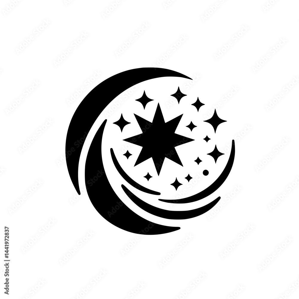 Crescent Moon & Stars Silhouette Logo, Black & White Minimal Design Crescent Moon & Stars Silhouette Logo, Black & White Minimal Design