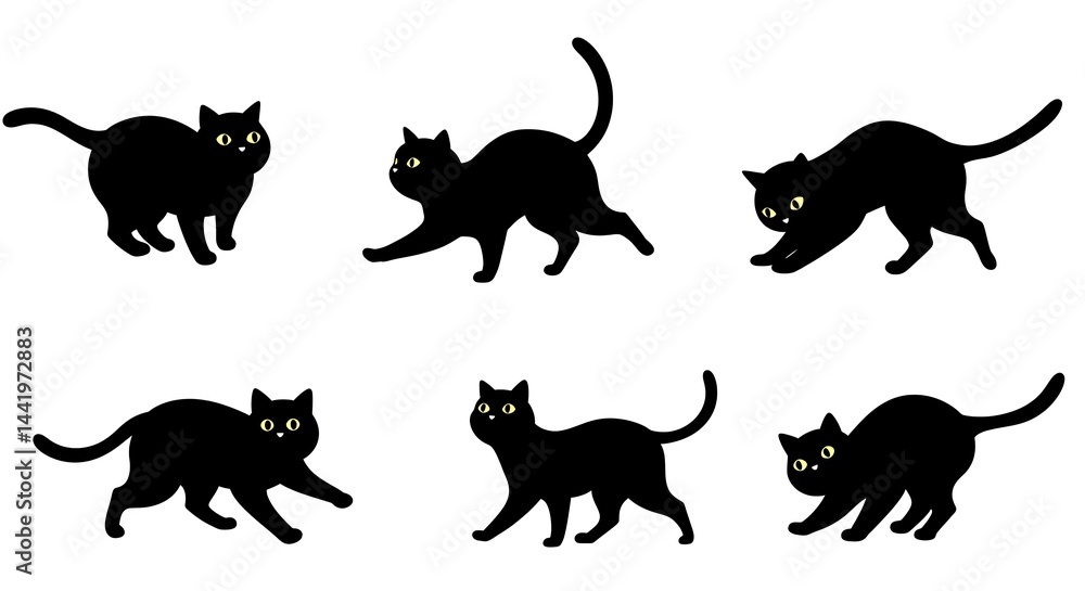 Obraz premium Six Black Cat Silhouettes in Various Poses