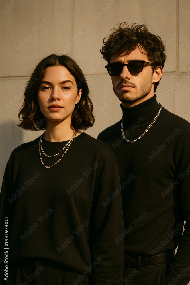 Obraz premium A stylish close-up of a young woman and man standing side by side in front of a minimalistic concrete wall.