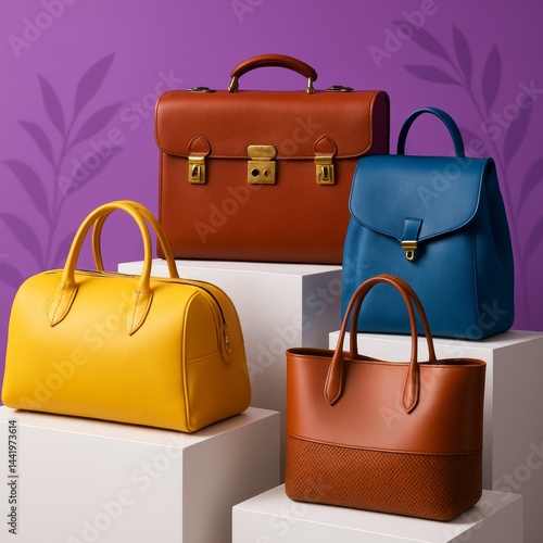 A vibrant fashion display showcasing a variety of stylish handbags arranged on white podiums against a purple background.