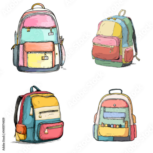 Illustration set of pastel-colored hand-drawn backpacks with multiple pockets and zippers, perfect for school, travel, or lifestyle visuals.

