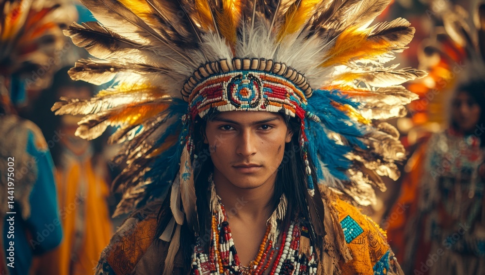 Fototapeta premium A man wearing a headdress and a necklace