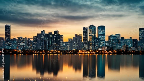 Wallpaper Mural City skyline at sunset, reflected in calm water.  Lights twinkle, creating a beautiful scene Torontodigital.ca