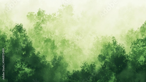 Serene green forest watercolor painting abstract nature background art eco fog lush soft dark mist