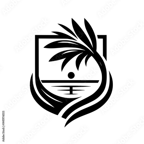 Tropical Logo: Palm Tree, Horizon, Shield Design in Black & White