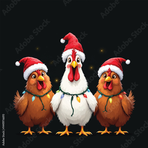 Chicken Christmas Lights Chickens Santa Hat Vector Illustration isolated
