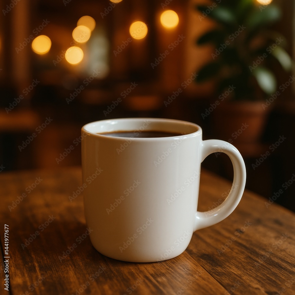 Obraz premium A warm, inviting close-up shot of a coffee mug resting on a rustic wooden table.