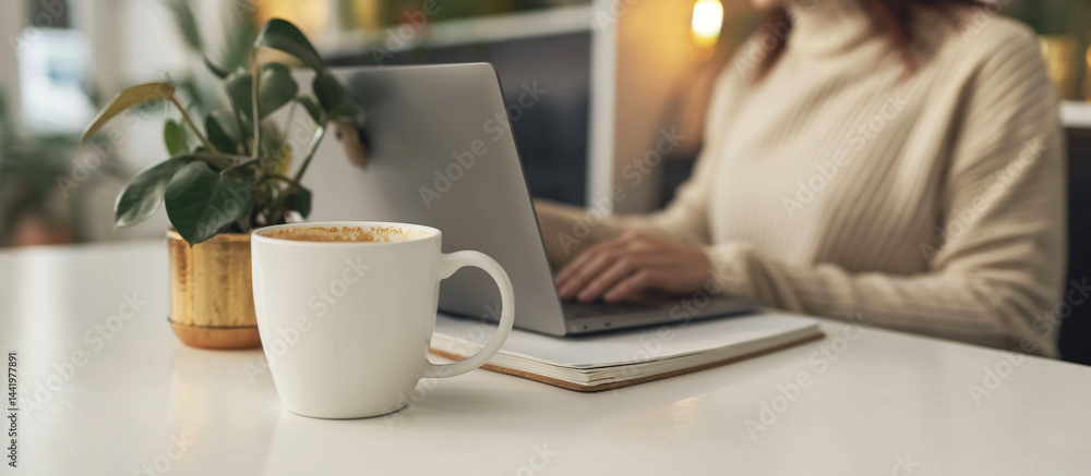 Minimalist and stylish, this scene features a hijabi woman working or studying on her laptop in a cozy Scandinavian room, great for productivity and interior design visuals