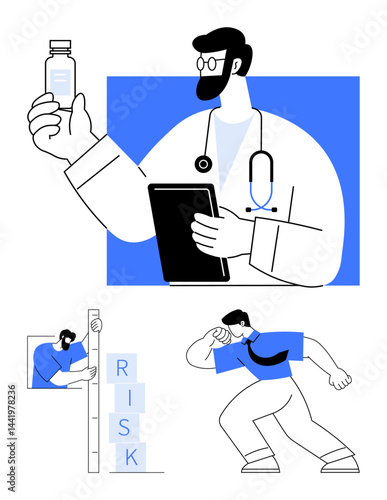 Doctor holding tablet and vial, professional measuring with labeled blocks, individual rushing forward. Ideal for health, medicine, safety, risk management, challenge, determination simple landing