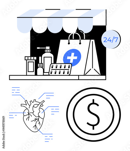 Pharmacy storefront with drugs, sanitizer, and shopping bag, heart graphic, and dollar sign. Ideal for healthcare, online shopping, medicine, heart health cost savings technology simple landing