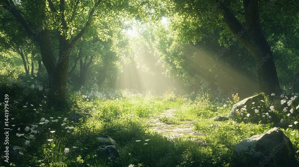 Fototapeta premium Serene sunlight illuminates lush green forest path with white flowers calm view trees woods rocks