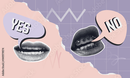Pop Art Halftone Collage of Talking Mouths with Yes and No Speech Bubbles