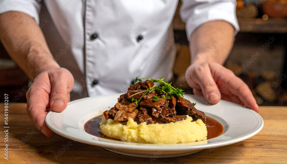 Chef Presenting Braised Meat Dish on Polenta Chef Presenting Braised Meat Dish on Polenta