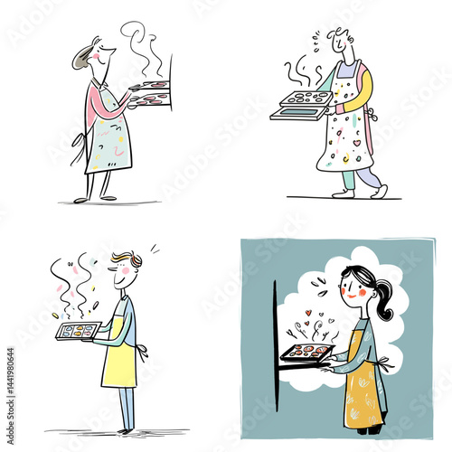 Set of whimsical illustrations of people baking and presenting fresh trays of food, ideal for culinary, cooking, or domestic lifestyle themes.

