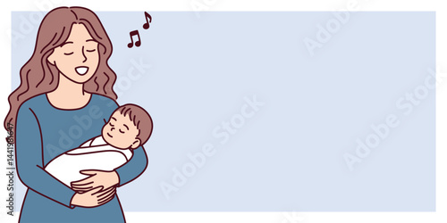 Mother calming baby boy with lullaby at bedtime, warm atmosphere, additional blank space for text, perfect for banners or announcements